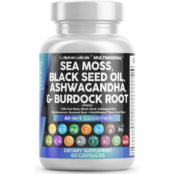 Sea Moss 3000mg Black Seed Oil 2000mg Ashwagandha 1000mg Turmeric 1000mg Bladderwrack 1000mg Burdock 1000mg & Vitamin C & D3 with Elderberry Manuka Dandelion Yellow Dock Iodine Chlorophyll ACV Sale