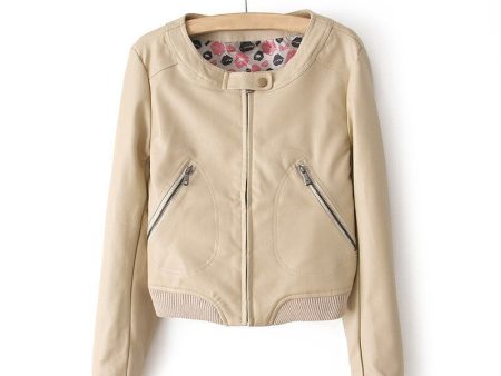 Zipper Solid Color Long Sleeves Simple Style Women s Faux Leather Jacket APRICOT Supply