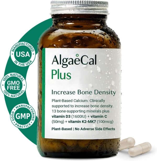 ALGAECAL Plus Organic Red Algae Calcium Supplement for Women, Vitamin K2 (100mg), Vitamin D3 (1600 IU), Magnesium (350mg) & Trace Minerals, for Improved Bone Strength, Easy to Swallow, 120 Veg Caps For Discount