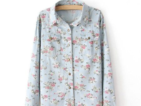 Long Sleeves Tiny Flowers Pattern Pockets Single-breasted Casual Women s Shirt LIGHT BLUE Sale