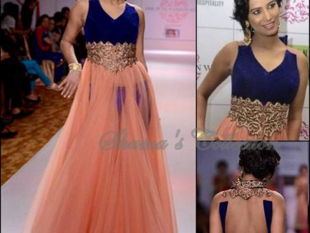 2142 Poonam Pandey s peach-deep blue anarkali gown Outfit Sets Sale