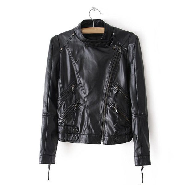 Stylish Stand Collar Zipper Embellished Buttons Decoration PU Leather Women s Coat Hot on Sale