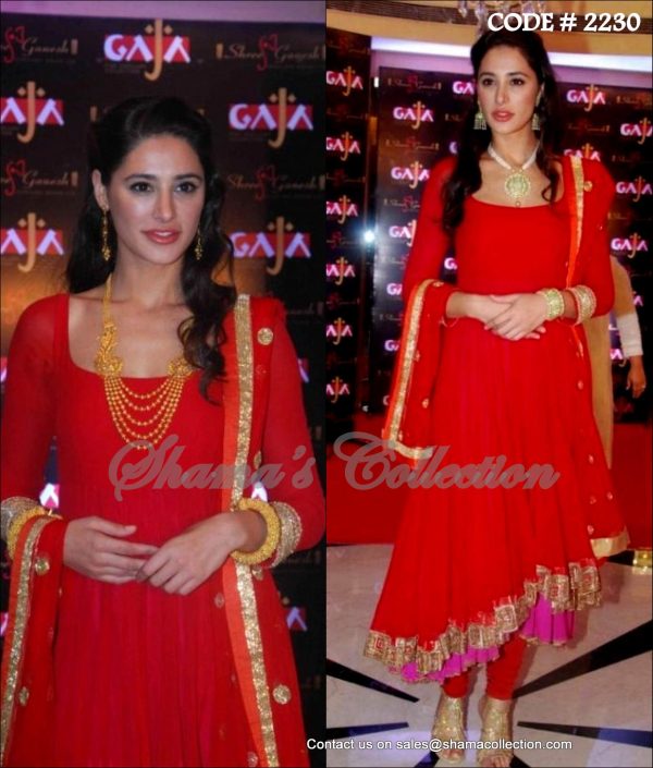 2230 Nargis Fakhri s red anarkali Outfit Sets Cheap