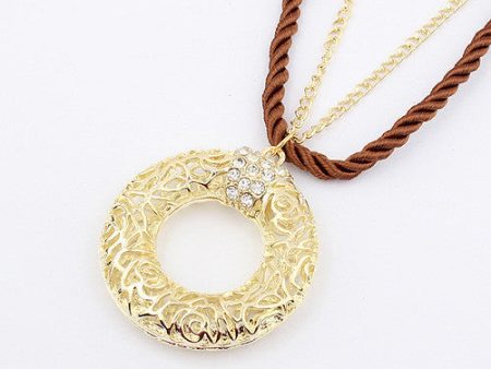 Chic Rhinestoned Openwork Round Pendant Ribbon Embellished Sweater Chain Necklace For Women For Cheap