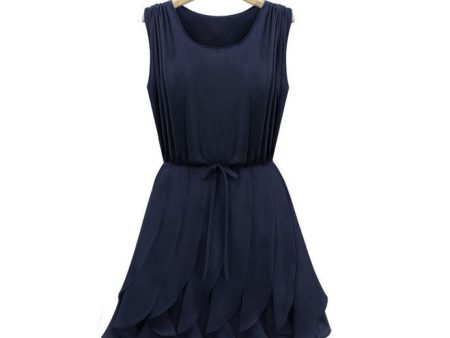 Pleated Solid Color Scoop Neck Sleeveless Refreshing Style Chiffon Women s Dress BLUE Online Hot Sale