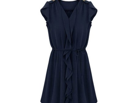 Petal Sleeves V-Neck Buttons Epaulets Strappy Beam Waist Pleated Flounces Slimming Casual Women s Dress SAPPHIRE BLUE Cheap