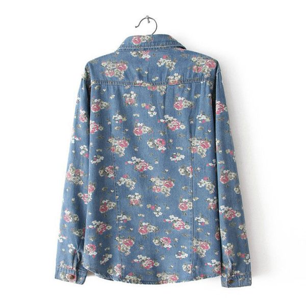 Long Sleeves Tiny Flowers Pattern Pockets Single-breasted Casual Women s Shirt DEEP BLUE Supply