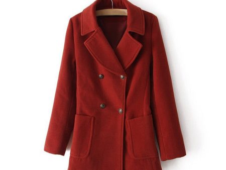 Vintage Notched Collar Double-Breasted Pockets Design Long Sleeves Women s Coat RED For Sale