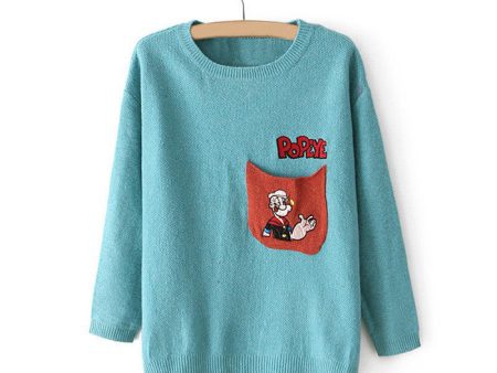 Popeye Letter Embroidery Long Sleeves Round Neck Acrylic Casual Style Women s Sweater BLUE Online Hot Sale