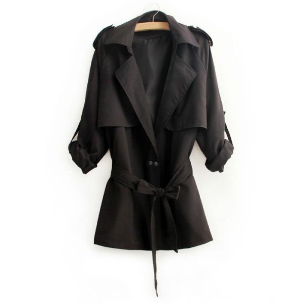 Casual Style Turn-Down Collar Solid Color Tie-Up Long Sleeve Coat For Women BLACK Cheap