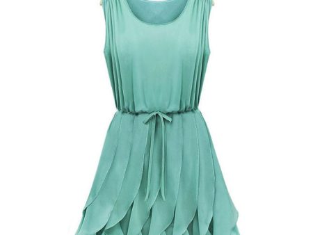 Pleated Solid Color Scoop Neck Sleeveless Refreshing Style Chiffon Women s Dress GREEN Online