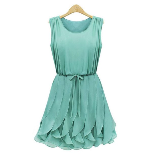 Pleated Solid Color Scoop Neck Sleeveless Refreshing Style Chiffon Women s Dress GREEN Online