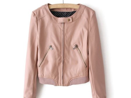 Zipper Solid Color Long Sleeves Simple Style Women s Faux Leather Jacket PINK For Discount