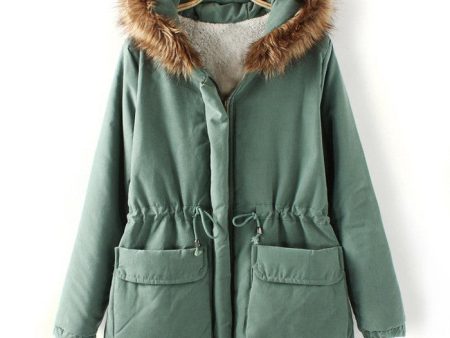 Fashionable Style Long Sleeves Hooded Pockets Drawstring Cotton Women s Coat LIGHT GREEN Online