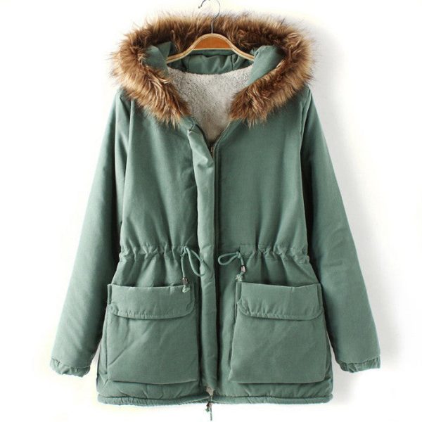 Fashionable Style Long Sleeves Hooded Pockets Drawstring Cotton Women s Coat LIGHT GREEN Online