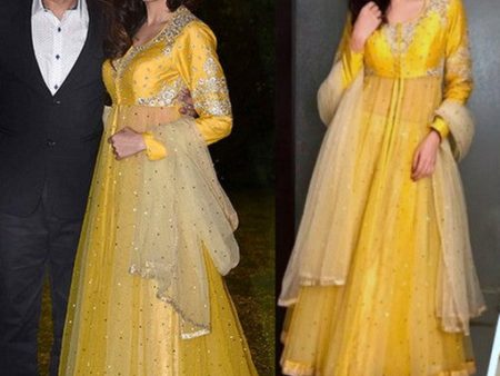 2361 Divya Khosla Kumar s yellow umbrella cut anarkali - (Anju Modi Inspired) outfit set For Sale