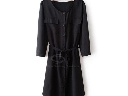 3 4 Sleeves Dress Bow Belt Chiffon Shirt Style BLACK on Sale