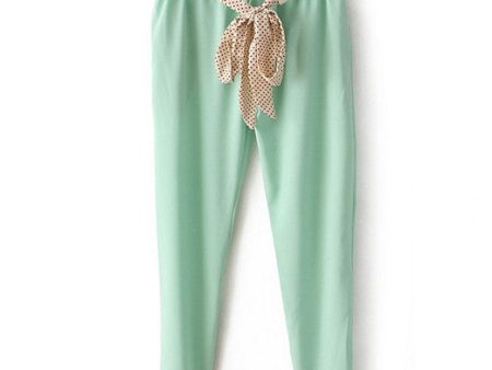 Casual Style Ruffled Lacework Embellished Elastic High Waist Pockets Design Polyester Women s Ninth Pants GREEN Discount