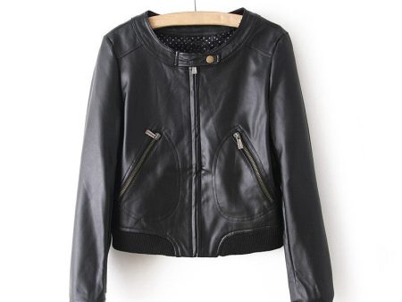 Zipper Solid Color Long Sleeves Simple Style Women s Faux Leather Jacket BLACK on Sale