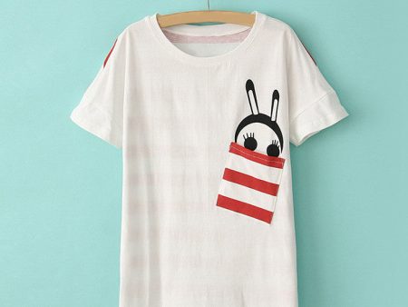 Stylish Scoop Neck Stripe and Ant Print One-Pocket Cotton Women s T-Shirt WHITE Sale