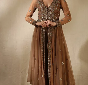 Astha Narang Copper And Gold Sequin Layered Sharara For Sale