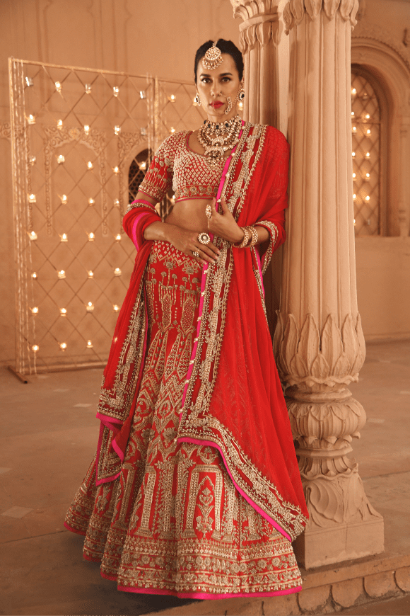 Renu Tandon Gold Dori Surkh Bridal Lehenga For Discount