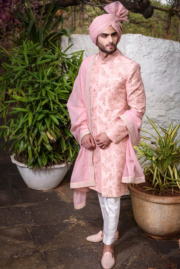 Pink Rawsilk Sherwani With Self Threadwork Embroidery And Pearl Highlights Hot on Sale