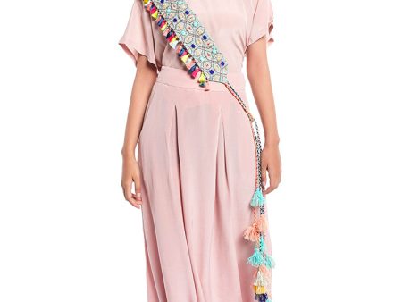 Pale Blue Crepe Gota Oggee Embroidered Tie- Up Belt with Colourful Tassels Sale