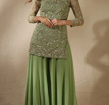 Astha Narang Leaf Green Sequins Handwork Kurta With Flared Pants Online Hot Sale