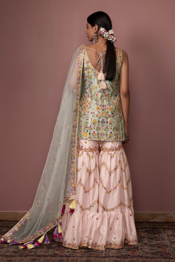 Blush Pink Chanderi Lehenga With Foil Resham Embroidery 1 Sale