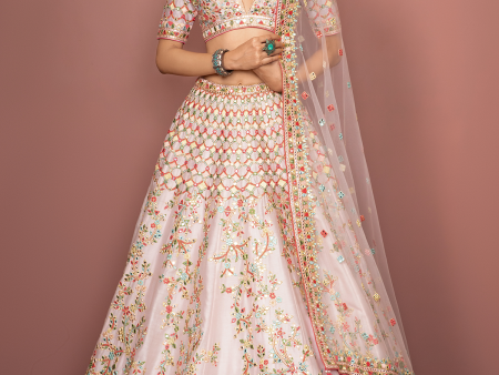 Light Blush Pink Mirror Resham Detailed Lehenga Set For Discount