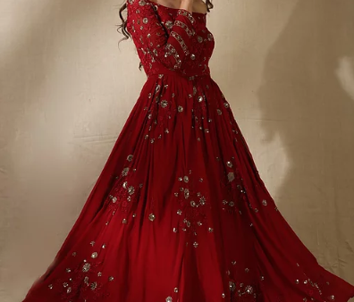 Astha Narang Red Floral Work Off Shoulder Anarkali Gown on Sale