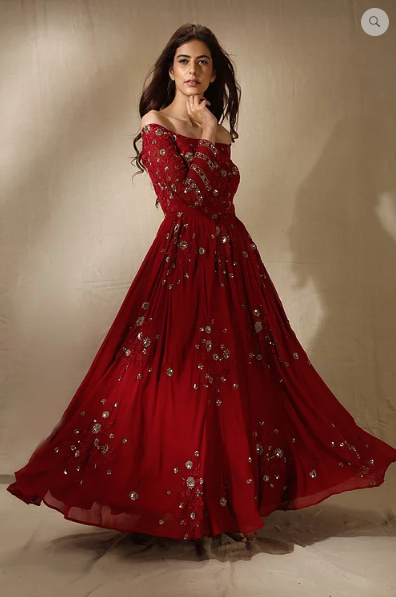 Astha Narang Red Floral Work Off Shoulder Anarkali Gown on Sale