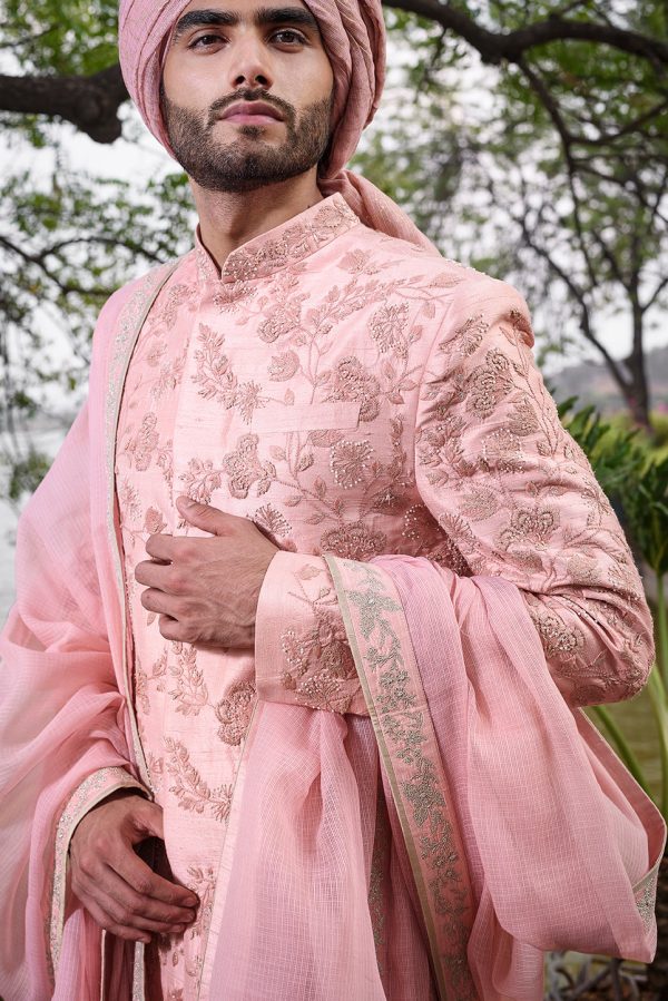 Pink Rawsilk Sherwani With Self Threadwork Embroidery And Pearl Highlights Hot on Sale