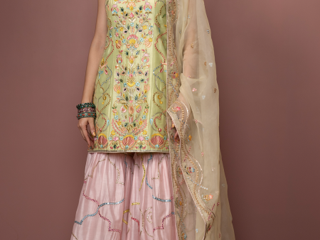 Green Kurta With Peach Gharara Online Sale