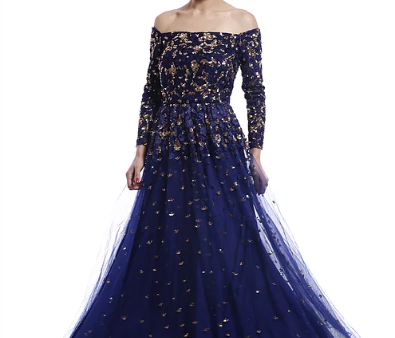 Astha Narang Blue Off Shoulder Sequins Embroidered Gown For Sale